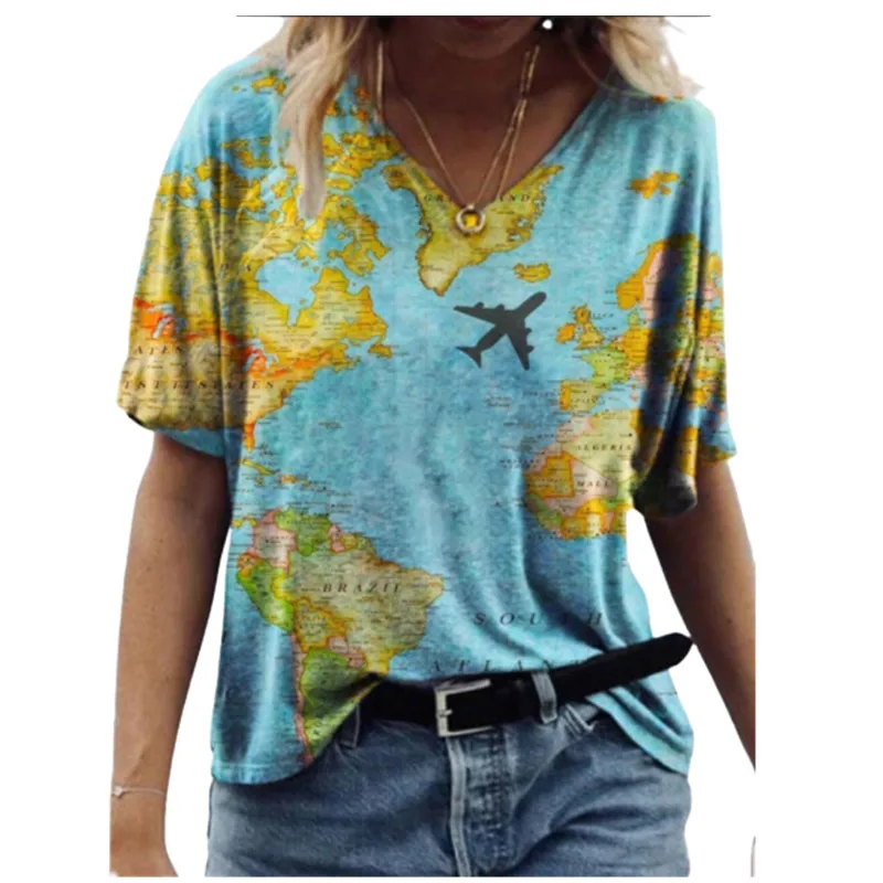 

2022 Oversized Tops Women Tie Dye Map Print T-shirt Casual Streetwear Short Sleeve V Neck Loose Plus Size 2XL 3XL Tees
