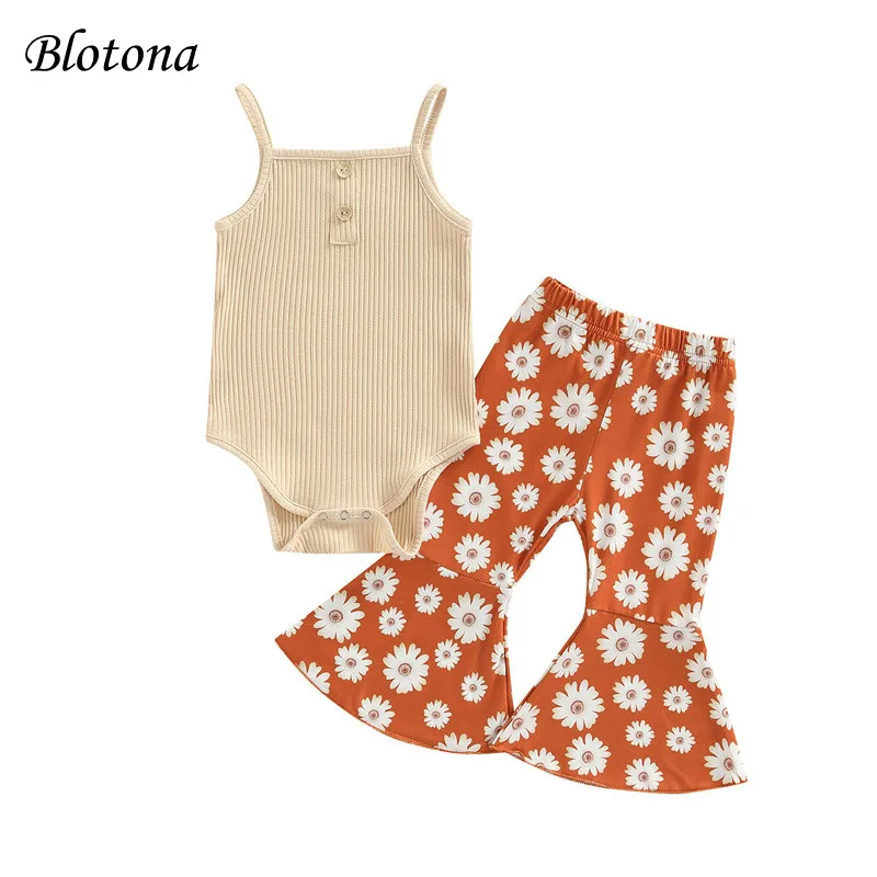 

Летний Повседневный костюм для маленьких девочек от Blotona, однотонный ребристый комбинезон на подтяжках, расклешенные брюки с цветочным принтом, 3-24 месяца