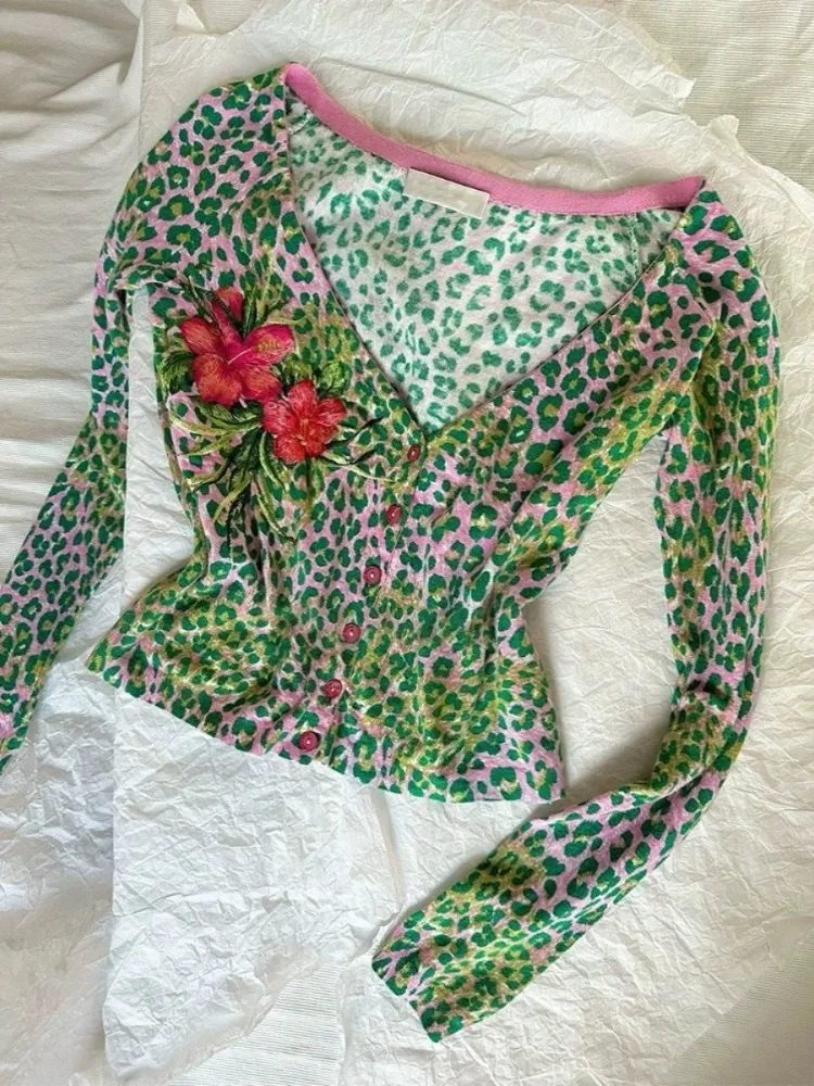 Футболка женская с леопардовым принтом уличный топ цветочным в стиле ретро