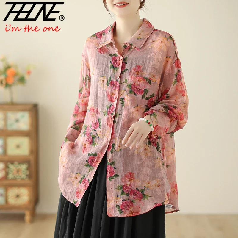 Женская блузка с длинным рукавом и принтом свободного покроя