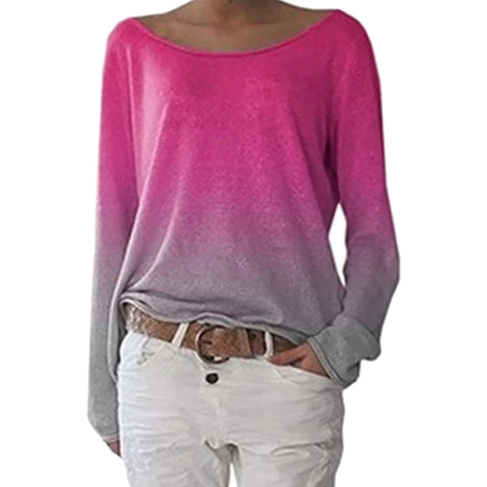 

Long Sleeves Soft Women Shirt Casual Contrast Color Holiday Daily Knitted Crew Neck Autumn Shopping Ladies Spring Loose