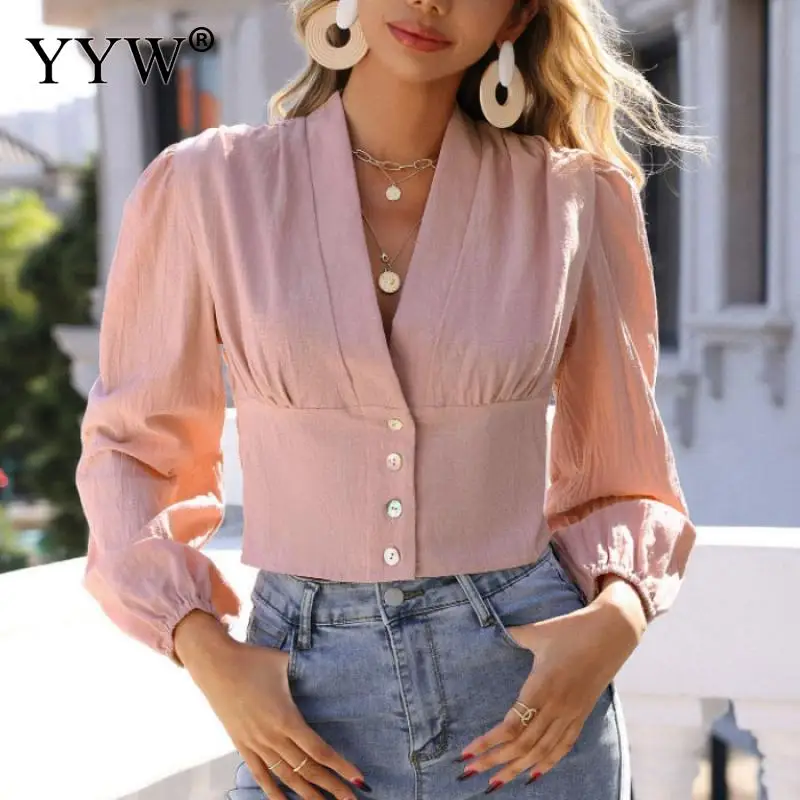 

Women'S Pleated Top Solid Color V-Neck Button Puff Sleeve Slim Long-Sleeved T-Shirt Polyester European And American Blouses