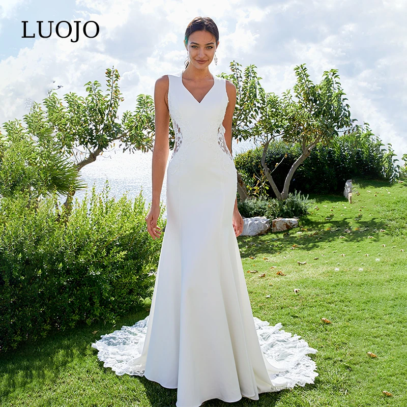 

LUOJO Wedding Dress Mermaid V-neck Sleeveless Appliques Backless Charming Cut-out Tea-length vestidos de novia robe de mariée