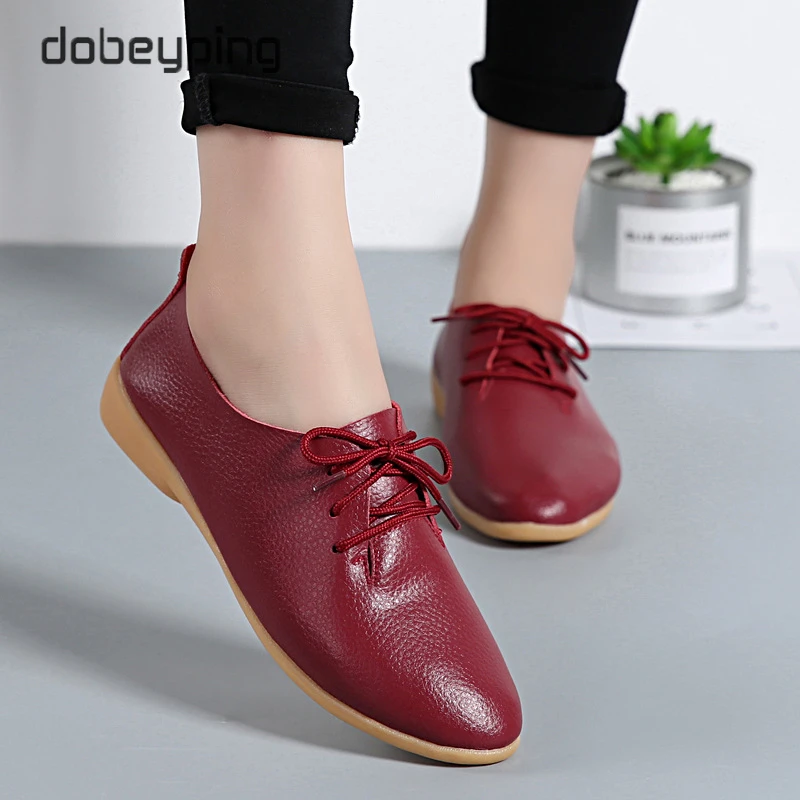2022 Spring Autumn Women's Shoes Genuine Leather Female Shoe Lace-Up Ladies Flats Pointed Toe Woman Casual Oxfords Size 35-44