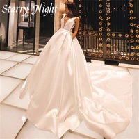 modest a line royal wedding dress deep v neck tank sleeves wedding gown with pockets satin dress for women 2022 robe mariage