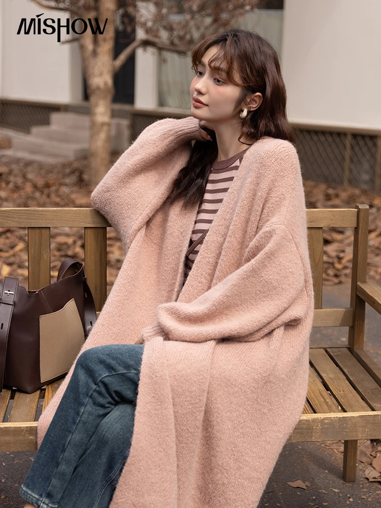 MISHOW 2022 Autumn Winter Sweater Coat for Women Korean Soft Waxy Mohair Fashion Solid Female Long Knitted Cardigans MXB42Z0976