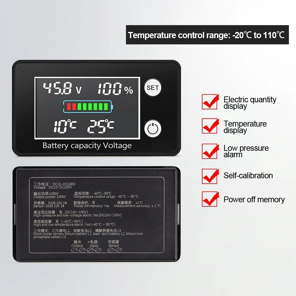 Измеритель напряжения батареи с контролем температуры Термостат DC10V-100V
