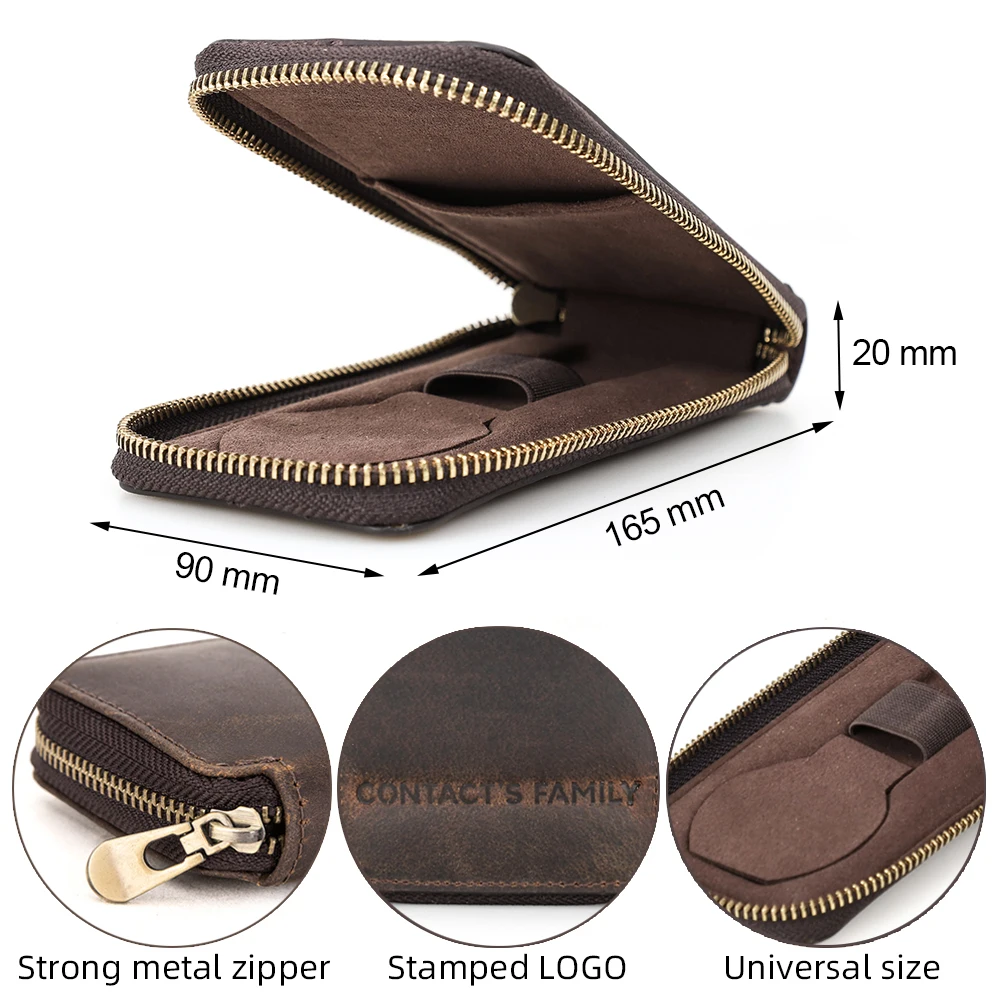 CONTACT'S FAMILY Genuine Leather Vintage Handmade Watch Pouch Travel Portable Leather Organizer with Card Slot Zipper Case
