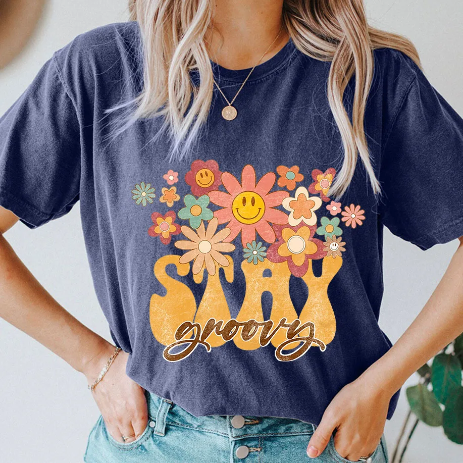 

Summer Kawaii Stay Groovy Print Tees For Woman Cotton Style Trend 90s Clothing Flower Graphic Tops Casual Ladies Oversized Tees