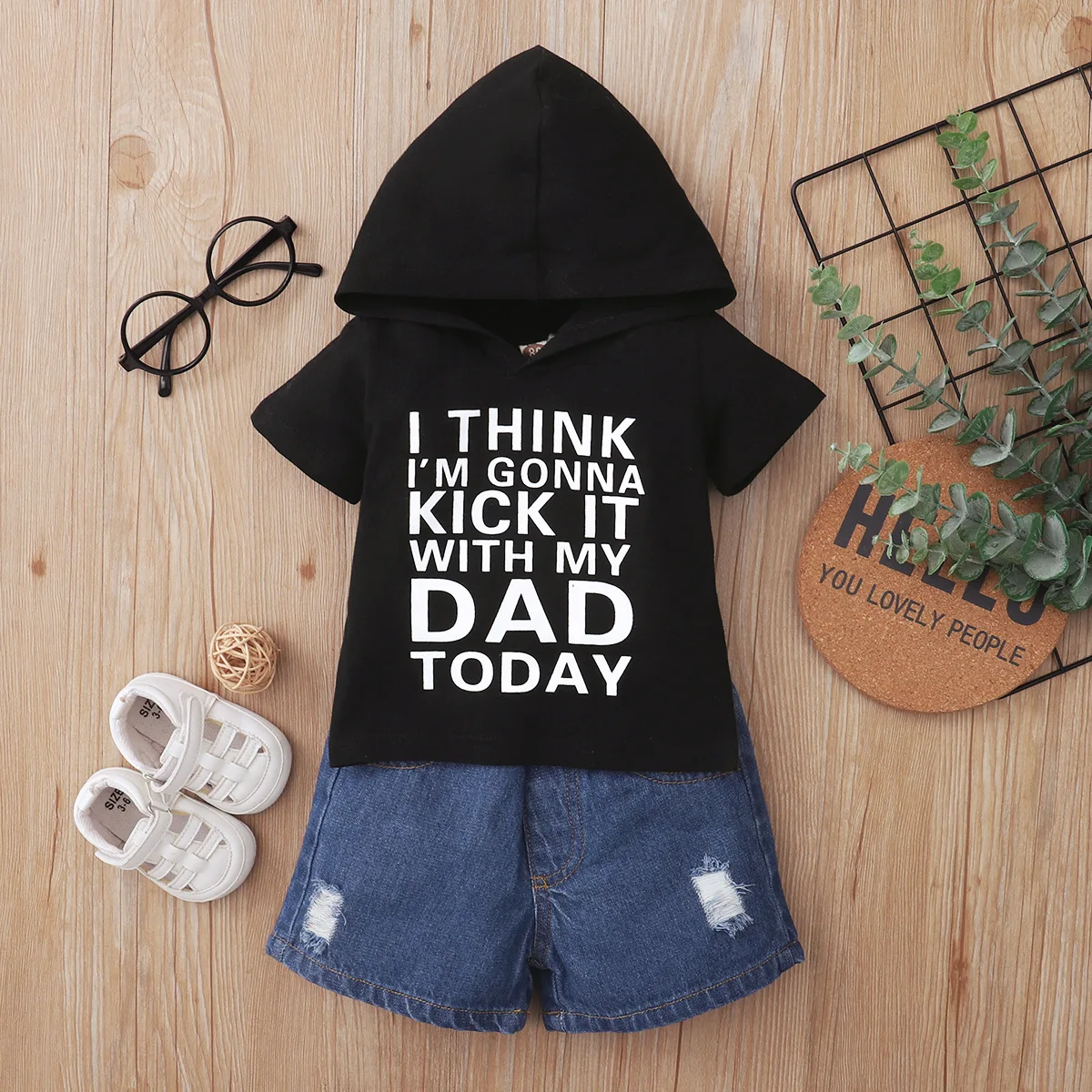 

Children Clothing Sets Baby Boy Clothes Infant Letter Print Hooded Sleeveless Top + Solid Denim Shorts 2pcs Set Toddler Outfits