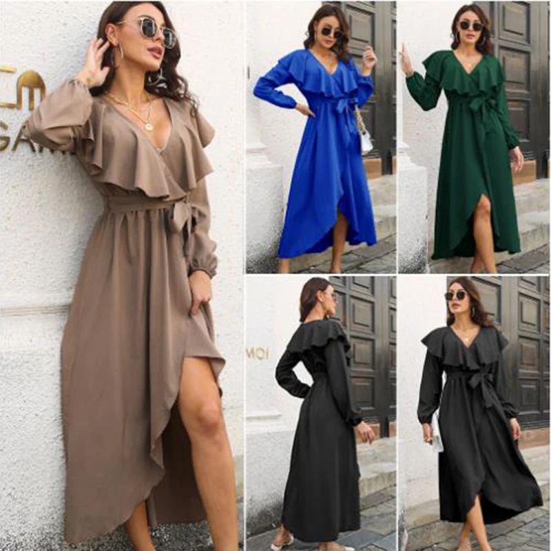 

Женская юбка с фланцевым V-образным вырезом и длинным рукавом, Размеры S ~ 2XL