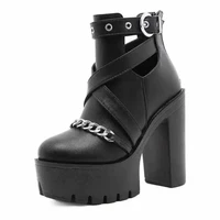 new sexy high heels fashion ankle boots for women high heels casual cut outs buckle round toe chain thick heels platform shoes
