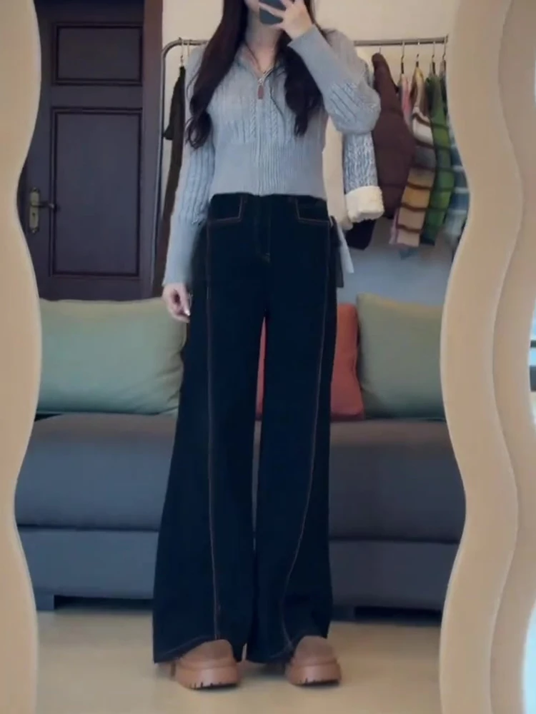 Черные широкие джинсы на флисовой подкладке больших размеров женские зимние 2024