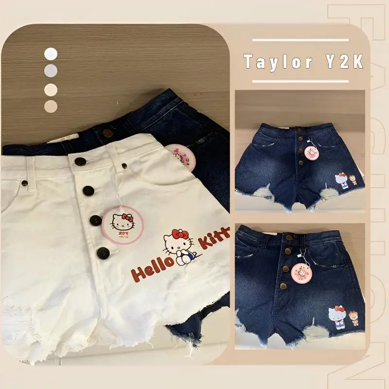 

2023 Sanrio Hello Kitty Pants Anime Figure Y2K Spicy Girls High Waist Jeans Fashion Personality Slim Fit Women's Tattered Pants