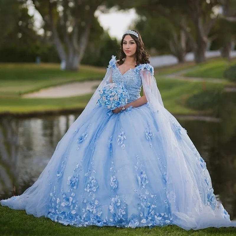 

ANGELSBRIDEP Sky Blue Quinceanera Dresses With Cape Mexican Sweet 16 Ball Gown 3D Flower Appliques Beading Pearls Party Gowns