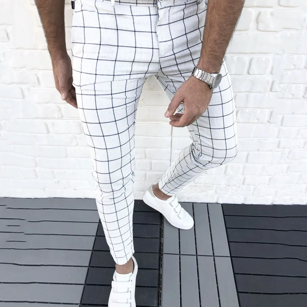 

2022 Spring New Men's Plaid Zipper Casual Pants Men's Fashion Slim Striped Cotton Blends Pencil Pants Male Bottom Fit All-Season