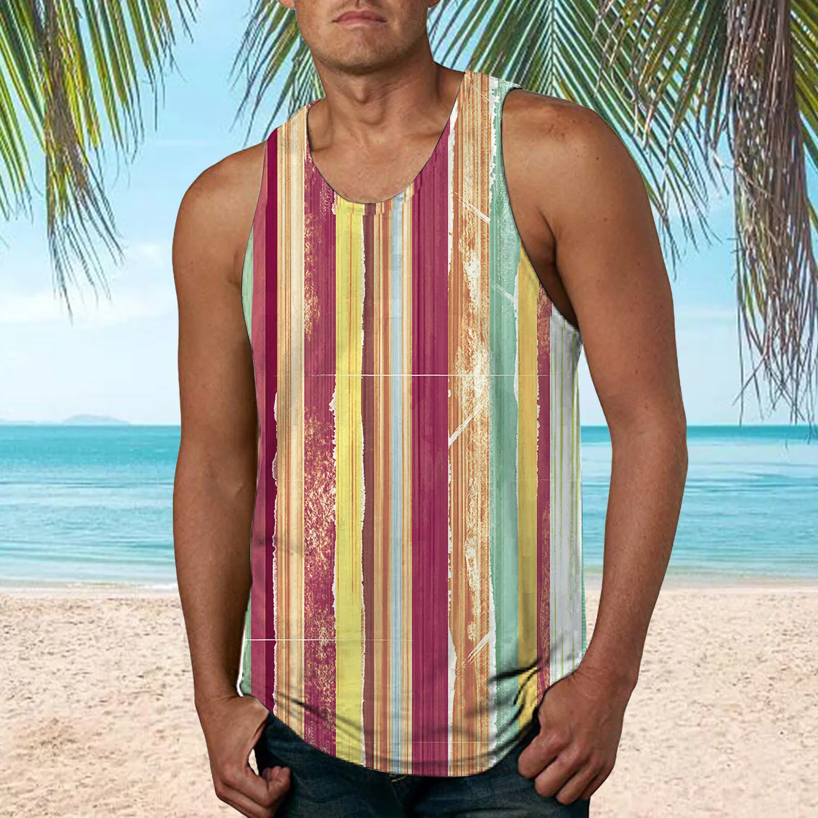 

Men Casual Spring Summer Sleeveless Printed O Neck Shirt Tank Tops Blouse