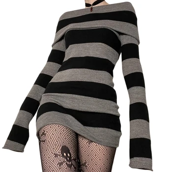 Y2K Striped Sweater Mini Dress Mall Goth Grunge Emo Bodycon Chic Women Off Shoulder Full Sleeve Slim Fit Dresses 00s Vintage 1