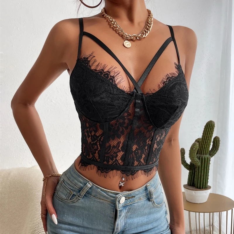 

Women Lace Crop Top Corset Tank Camisetas Cropped Feminino Korean Streetwear Ropa Aesthetic Coquette Clothes Summer Slim Camis