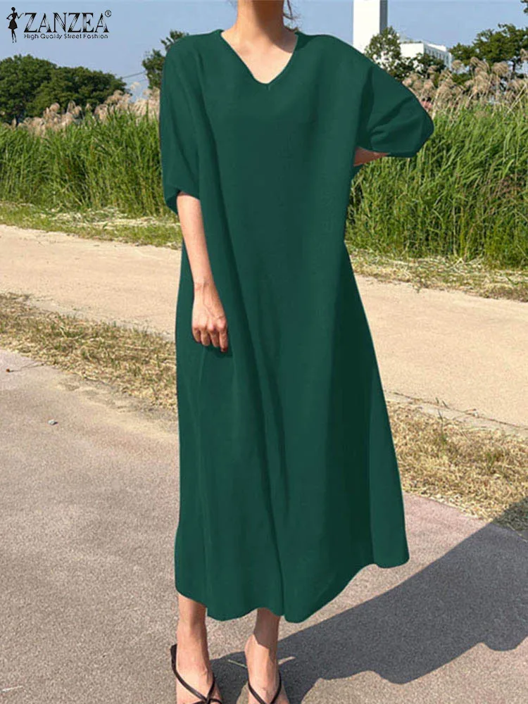 

ZANZEA Fashion Summer Dress Women Oversize Solid Dresses Fashion V Neck Half Sleeve Sundress Casual Loose Midi Robe Work Vestido