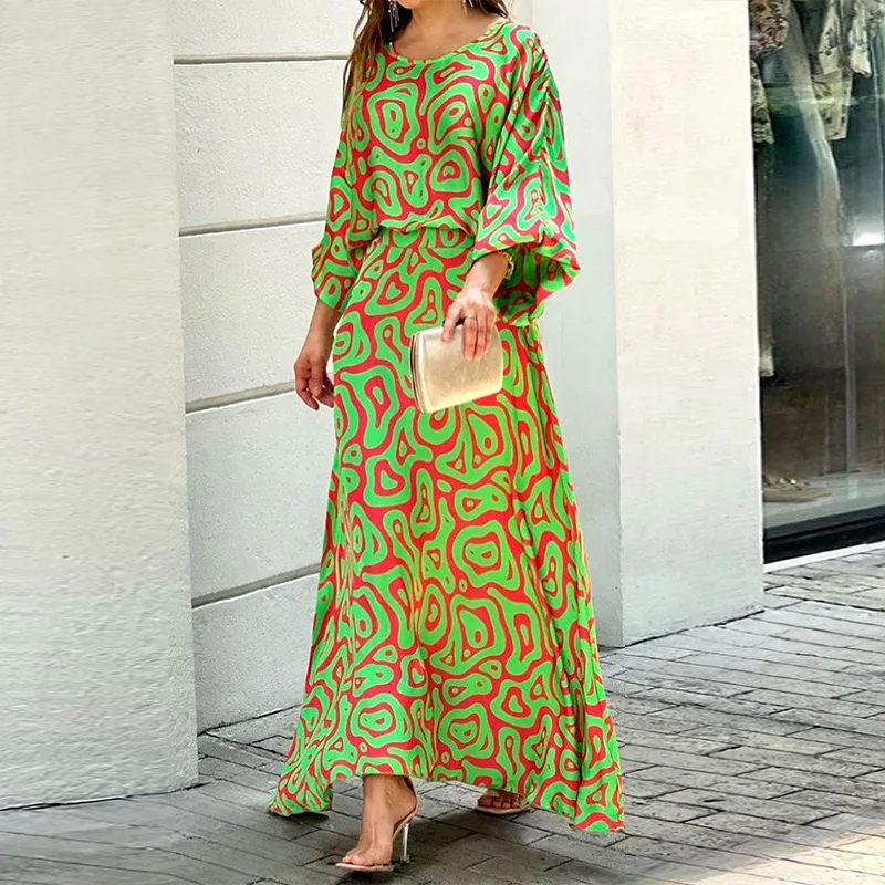 

2022 Summer Women Elegant 2PCS Print Blouses+Skirts Set New O Neck Long Sleeve Tops High Waist Woman Sets Skirt High Quality