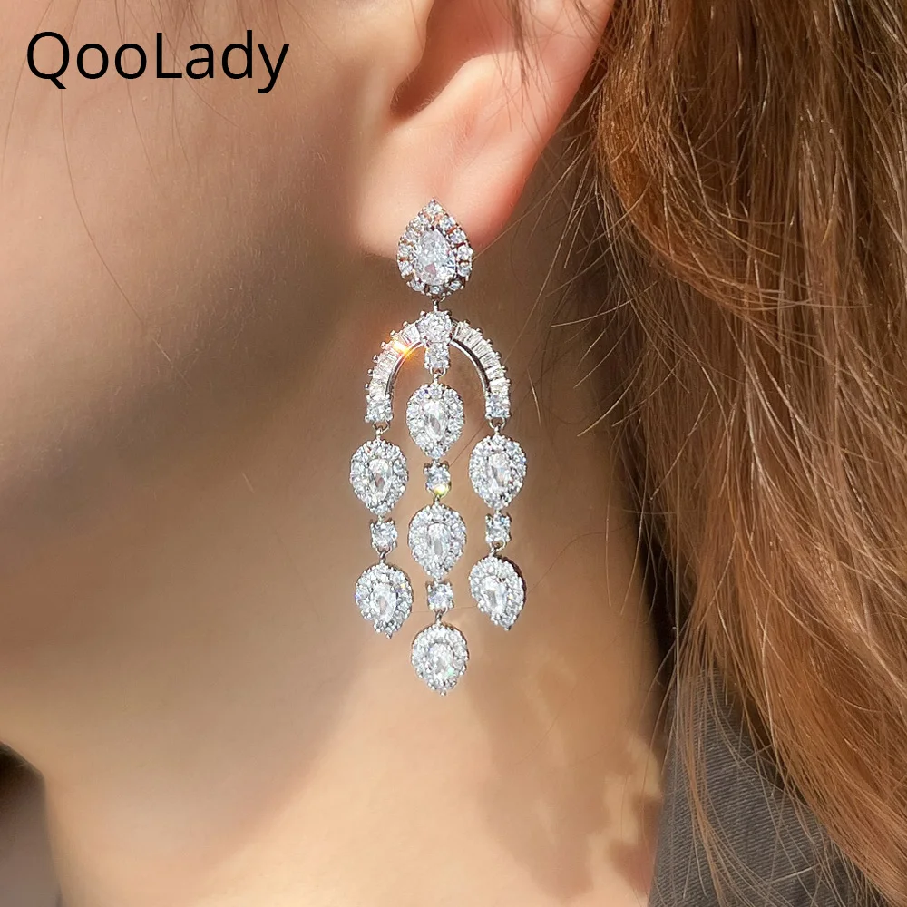 QooLady элегантные блестящие белые CZ камни длинные кисточки капли воды серебряного цвета Висячие серьги для женщин модные брендовые ювелирные изделия E254