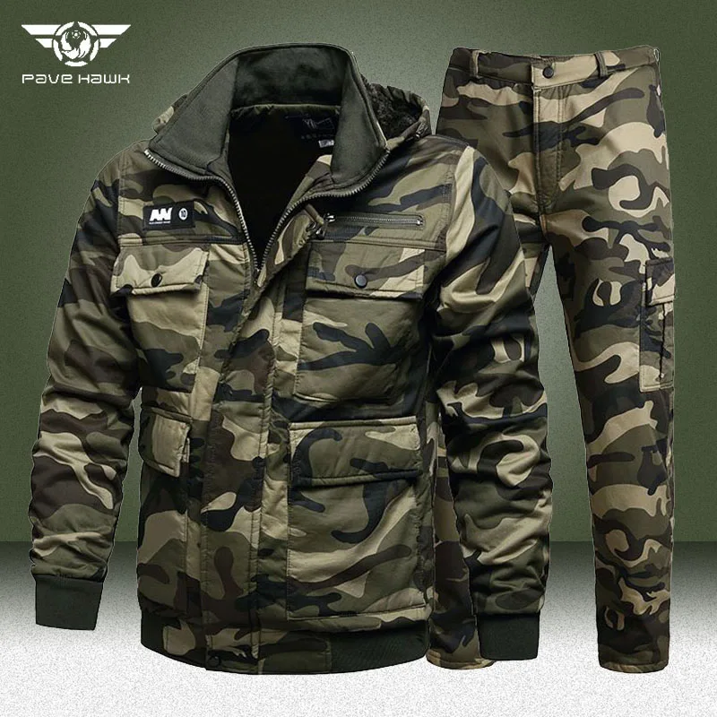 Winter Fleece Sets Men Military Camo Fleece Warm Jackets Pants 2 Piece Set Hooded Windproof Army Cargo Pant Tactical Jacket