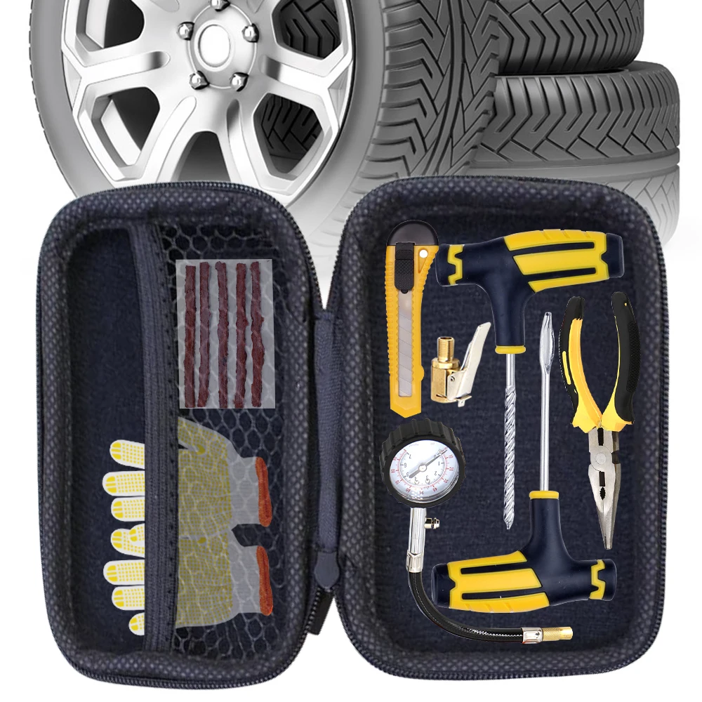 Car Tire Repair Tool Kit with Storage Bag Eva Garage Studding Tool Set Automobile Motorcycle Tubeless Tire Puncture Plug