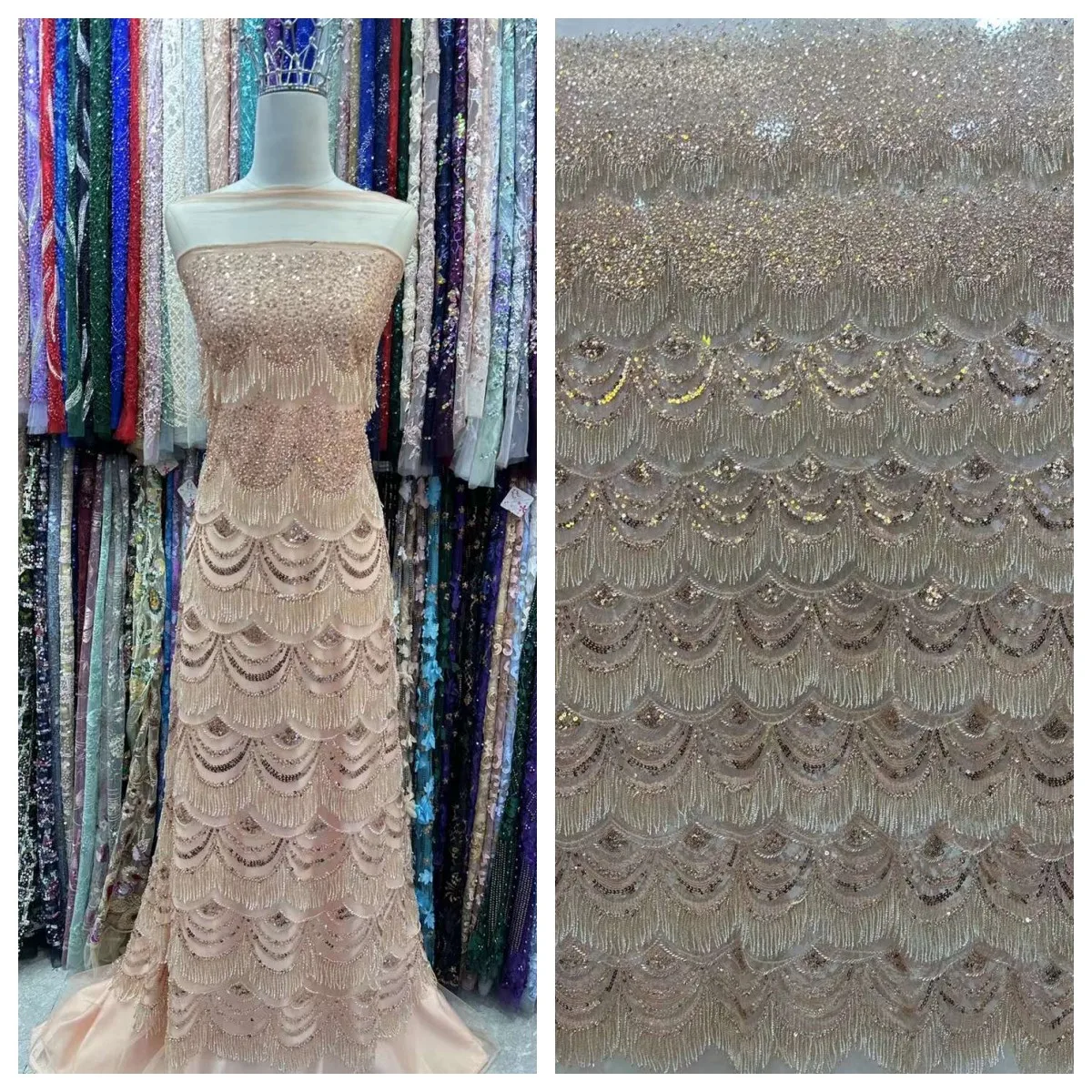 

Luxurious African Groom Sequins Lace Fabric High Quality 2023 Heavy Beads Embroidery French Tulle Lace For Wedding Dress