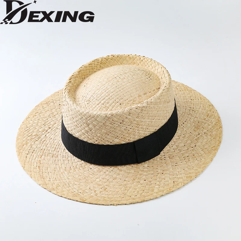 

Women's Raffia Straw Hat Pure Handmade Straw Hat Travel Vacation Men Sun Hat Black Elegant Fedora Hat