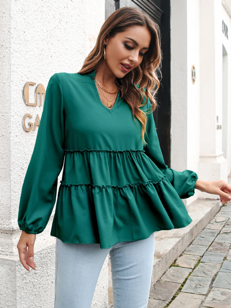 2022 Fashion Women V Neck Ruffle Loose Casual Shirt Elegant Ladies Chiffon Long Lantern Sleeve Tops and Blouses