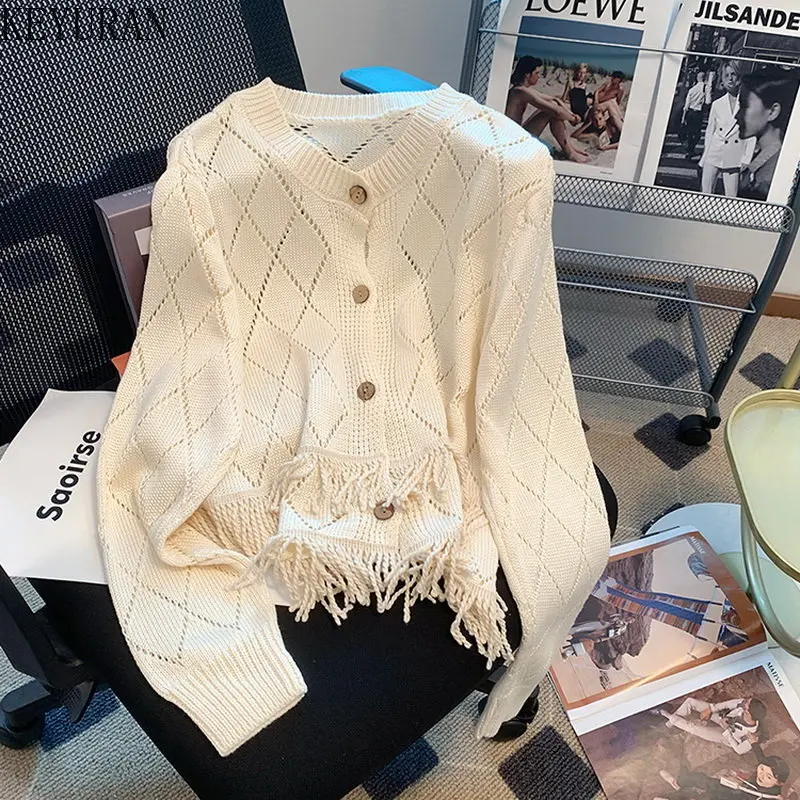 

Вязаный кардиган с бахромой, женский укороченный свитер с вырезами, Новинка осени 2022, шикарные корейские топы с круглым вырезом и длинными рукавами, женская одежда