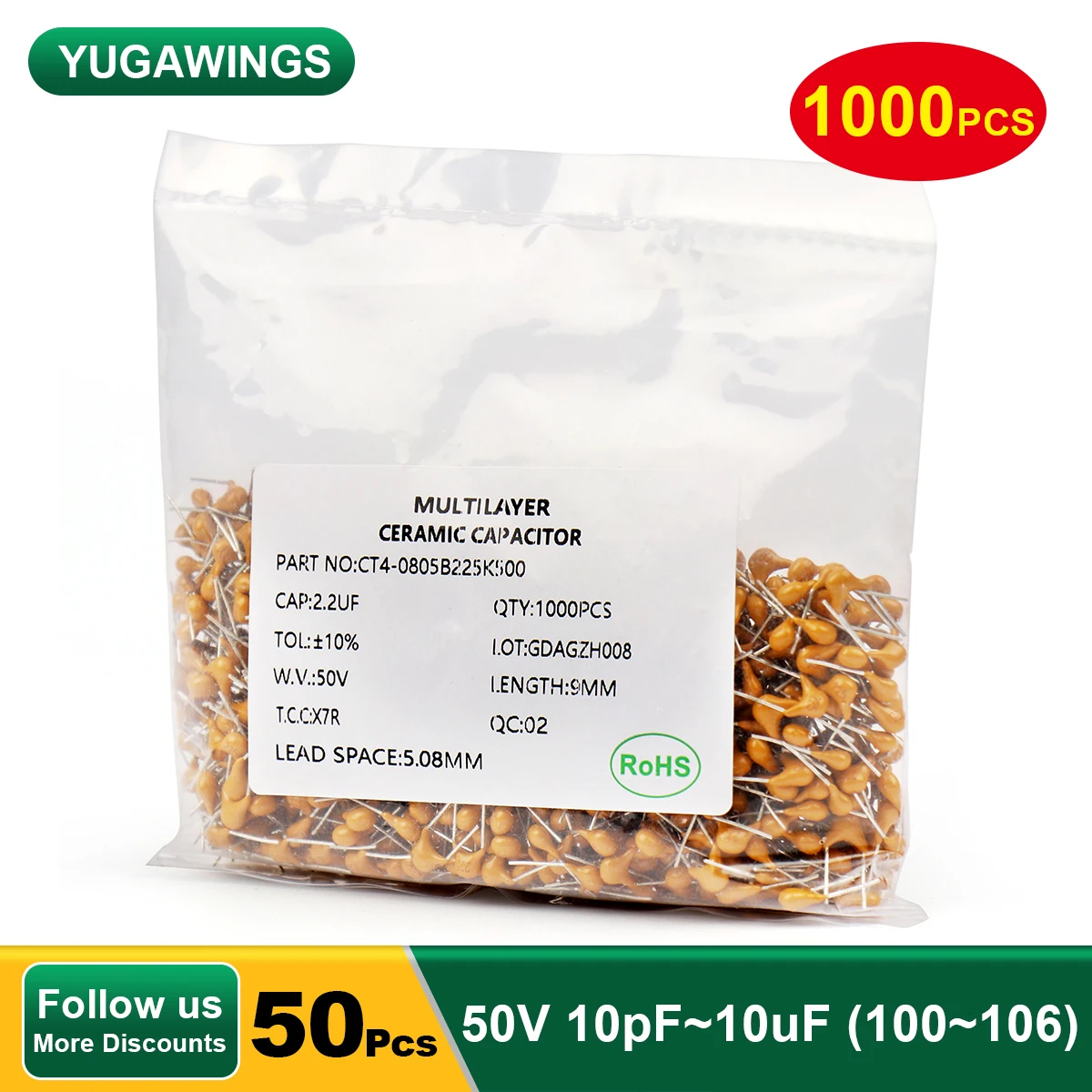 

1000Pcs Yugawings Monolithic Ceramic Capacitor 50V 10pF~10uF 10PF 20PF 22PF 100PF 470PF 4.7NF 1NF 2.2NF 3.3NF 47NF 10UF ±10%