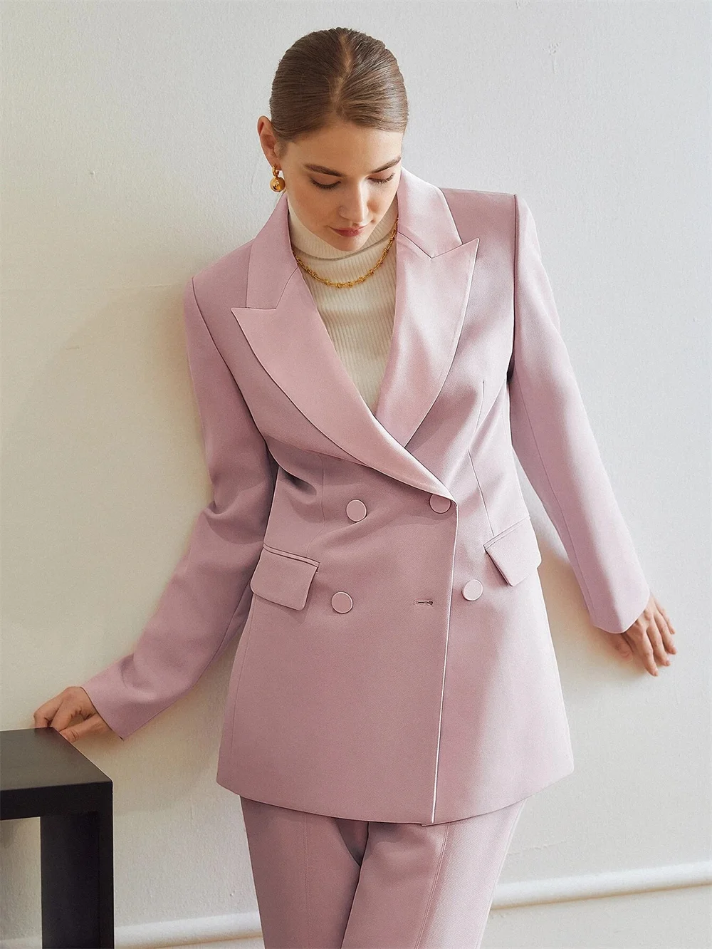 Women's Suits Velvet Office Ladies Mid Length Blazer&Trousers Double Breasted Lapel Solid Slim Business 2 Piece Set Pantsuits