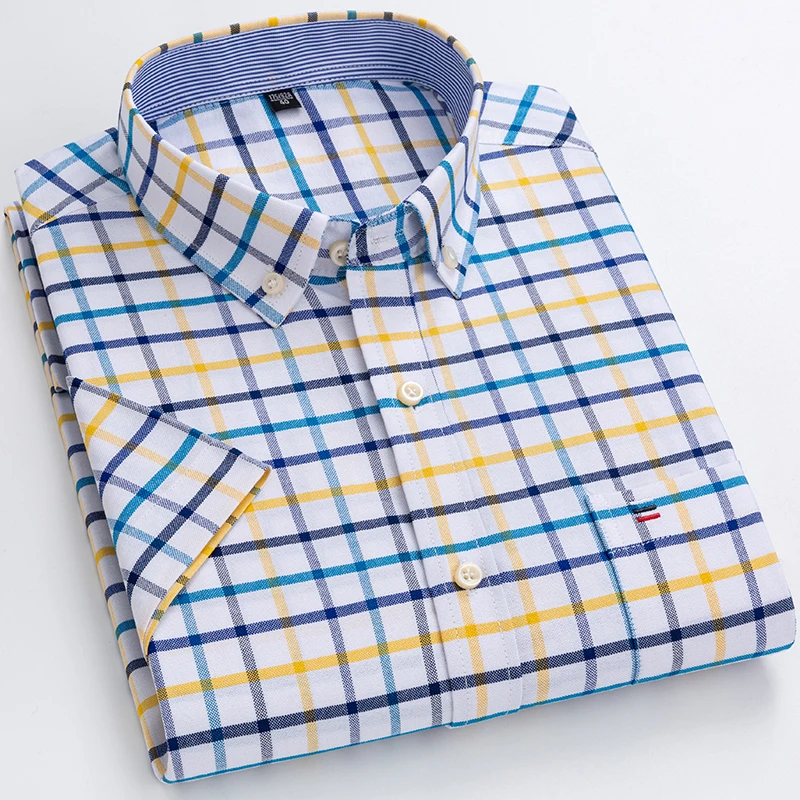 

Plus Size 7XL 6XL Men's Summer Shirts Oxford Vertical Stripes Short Sleeve Standard-fit Loose Plaid Solid Soft Cotton Man Shirt