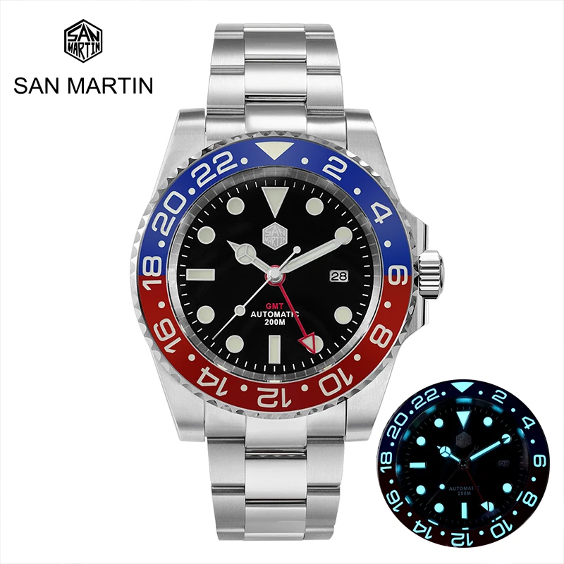 

San Martin GMT Diving Watch Sapphire Men Automatic Mechanical Watches 120 Clicks Ceramic Bezel 200m Waterproof BGW-9 Luminous