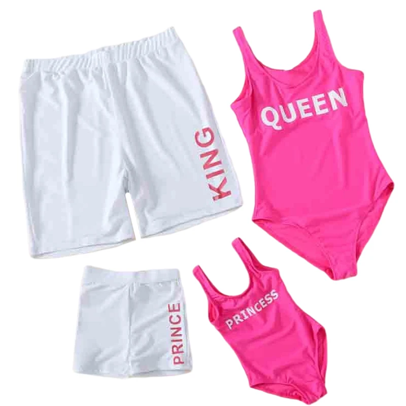 King Queen Swimsuit Family Matching Outfits One-Piece Mother Daughter Swimwear Beach Mommy and Me Clothes Father Son Swim Shorts