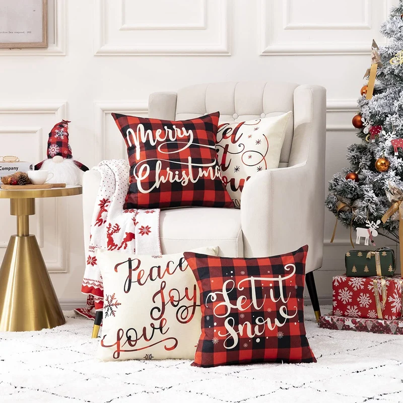 

Christmas Throw Pillow Covers Linen Red And Black Buffalo Plaid Pillow Covers Rustic Linen Pillow Case For Home 45X45cm