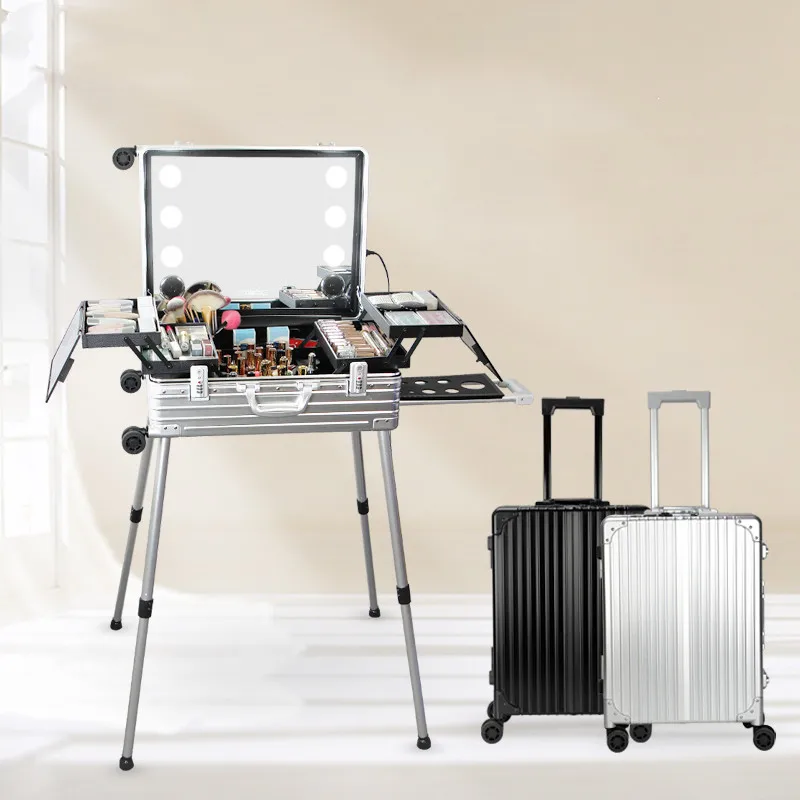 Aluminum Rolling Cosmetic Case,Professional Beauty Makeup Trolley Suitcase,LED Light Mirror Box Silver Luggage,Folding Table Bag