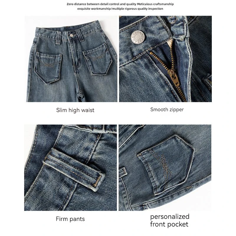 Real time photos of jeans female commuter pants spring and summer vintage blue pockets high waisted wide leg pants