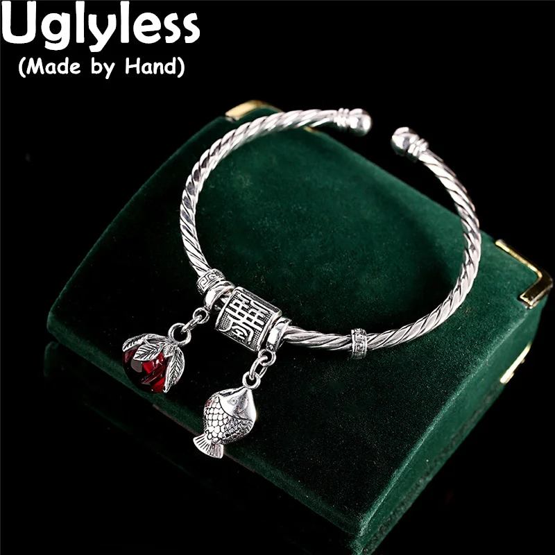 

Uglyless Twists 999 Pure Silver Bangles Women Thai Silver Fish Garnet Fruit Charms Bangles Vintage Ethnic Spinning Beads Jewelry