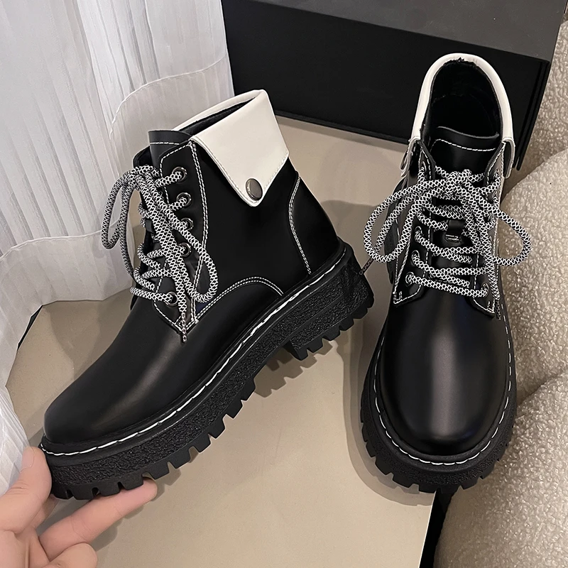 Winter Women's Ankle Boots Platform Boots Soft Leather Women Comfortable Mid Heel Women's Boots Fashion Round Boots Botas Mujer