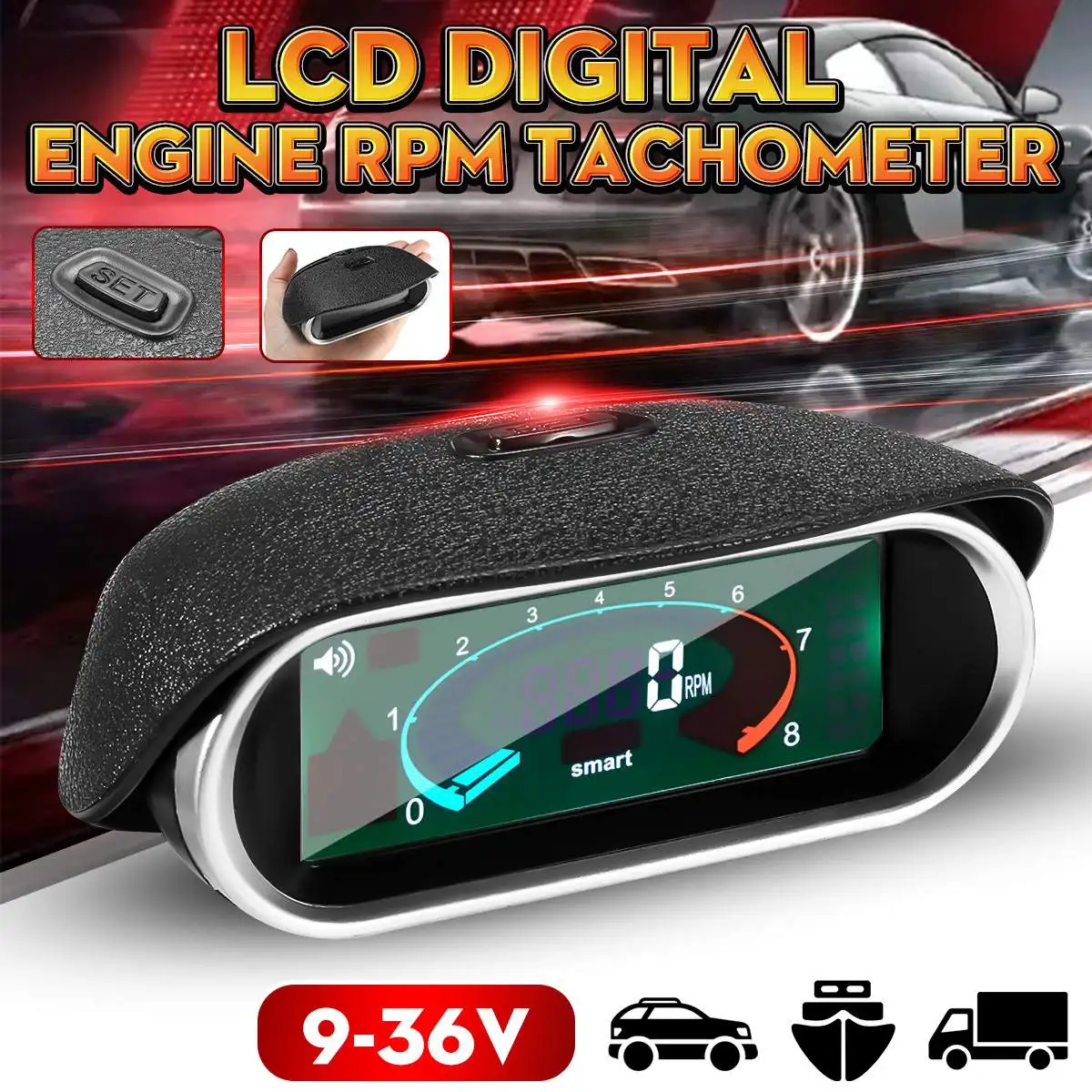 

12V 24V-36V Car 50-9999RPM Tachometer LCD Digital Display Engine Tachometer Boat Truck LCD Screen RPM Meter Universal