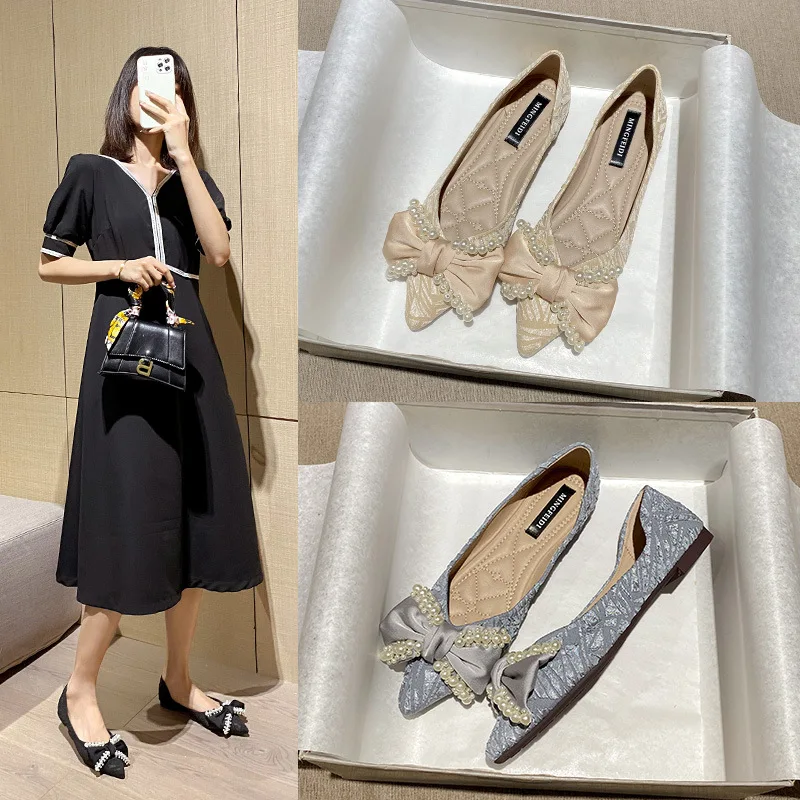 

Pointed Toe Women Shoes Autumn Shallow Mouth Casual Female Sneakers Flats Soft Pearl Decorateion Bow-Knot Fall Summer New Comfor