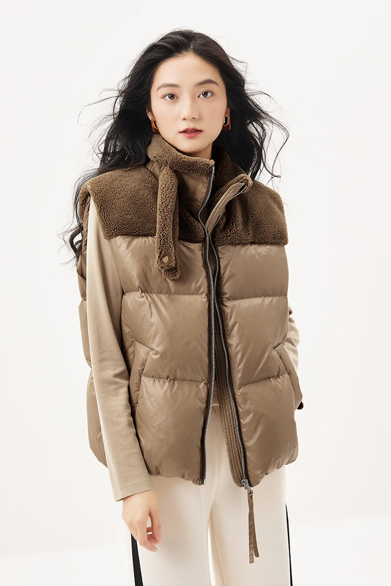 

New Women Vest Jacket 90% White Goose Down Cotton Polyester Wool High Street Wide-waisted Sleeveless Spliced Coat Women