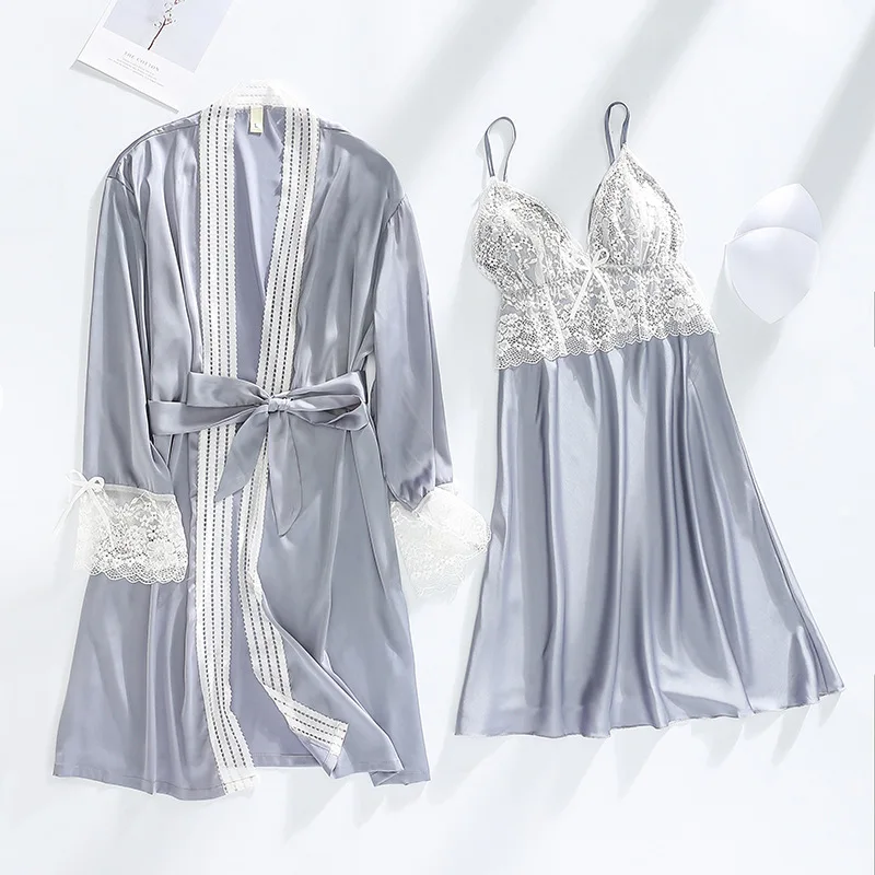 Women Satin Pajama Sets Summer Lace Sling Top&Shorts&Robe Women's Suit Long Sleeve Pijama Sleepwear With Chest Pad Home Clothes