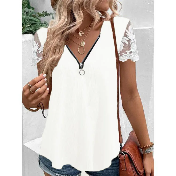 

2023 European and American Summer New Fashion Casual V-neck Zipper Lace Lace Elegant Sexy Women's Short Sleeve T-shirt Top