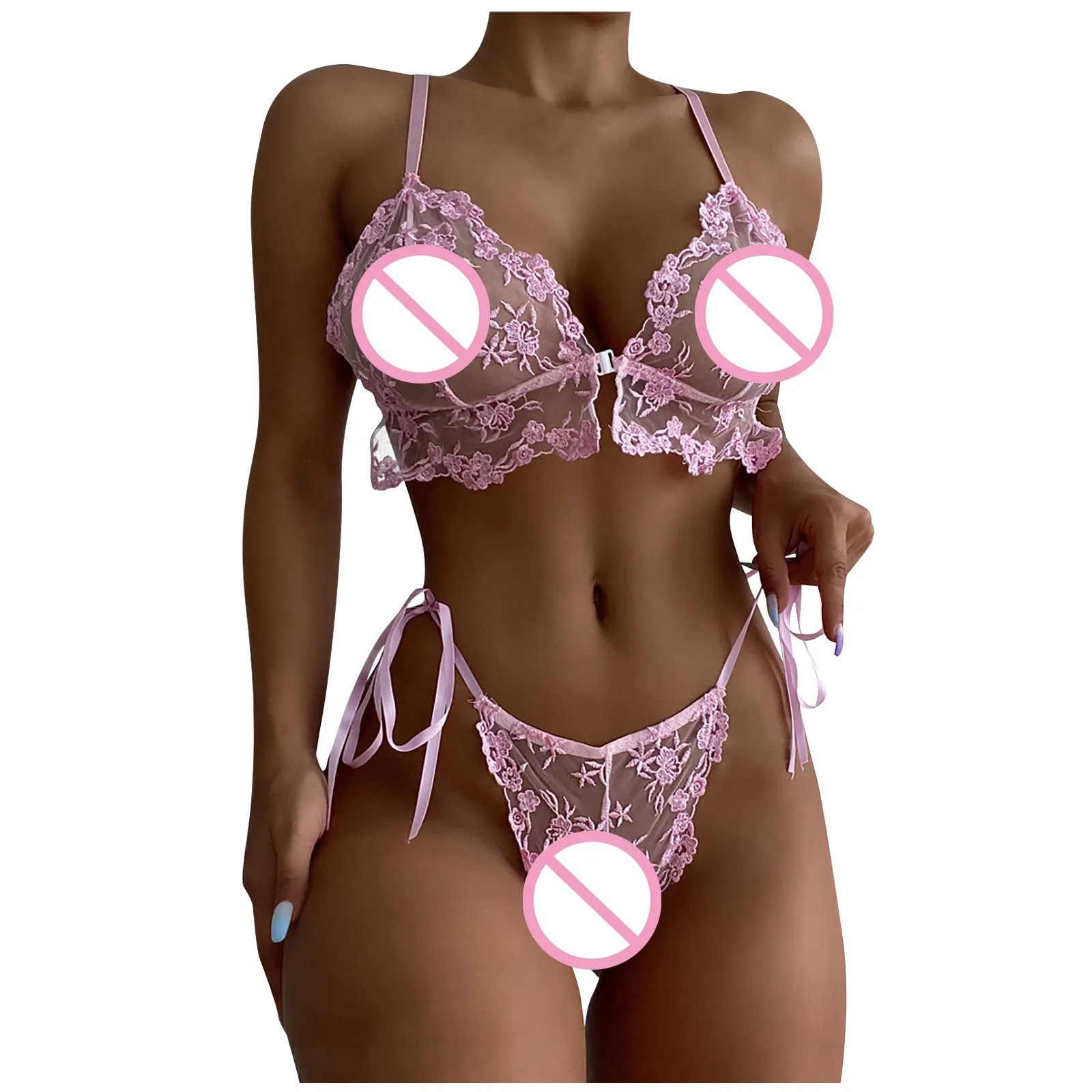 

Women's Erotic Underwear Thin Section See-through Mesh Embroidery Sexy Lingerie Underwire Bra Garter Belt Thong Suit Femme