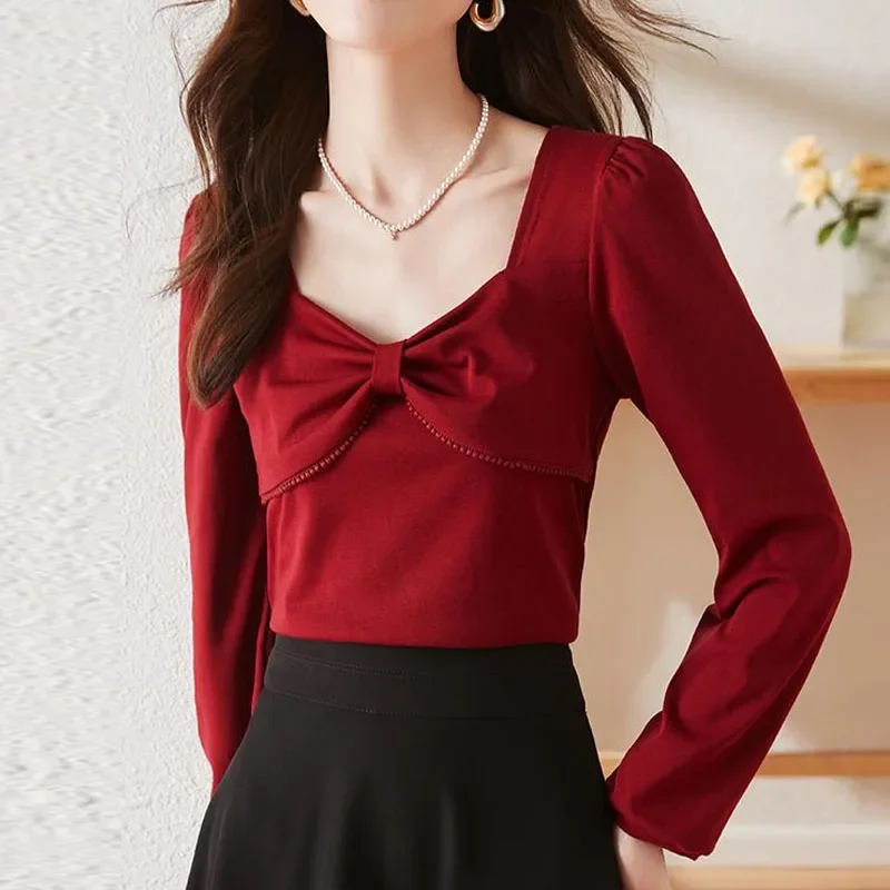 Новая женская блузка с длинным рукавом и бантом квадратным воротником рубашка