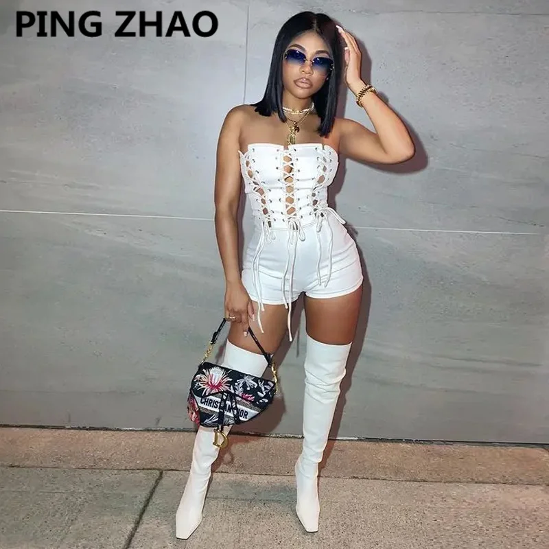 

PING ZHAO Women Lace Up Strapless High Waist Romper Playsuit 2022 Summer Sexy Party Clubwear Bodycon One Piece Overalls